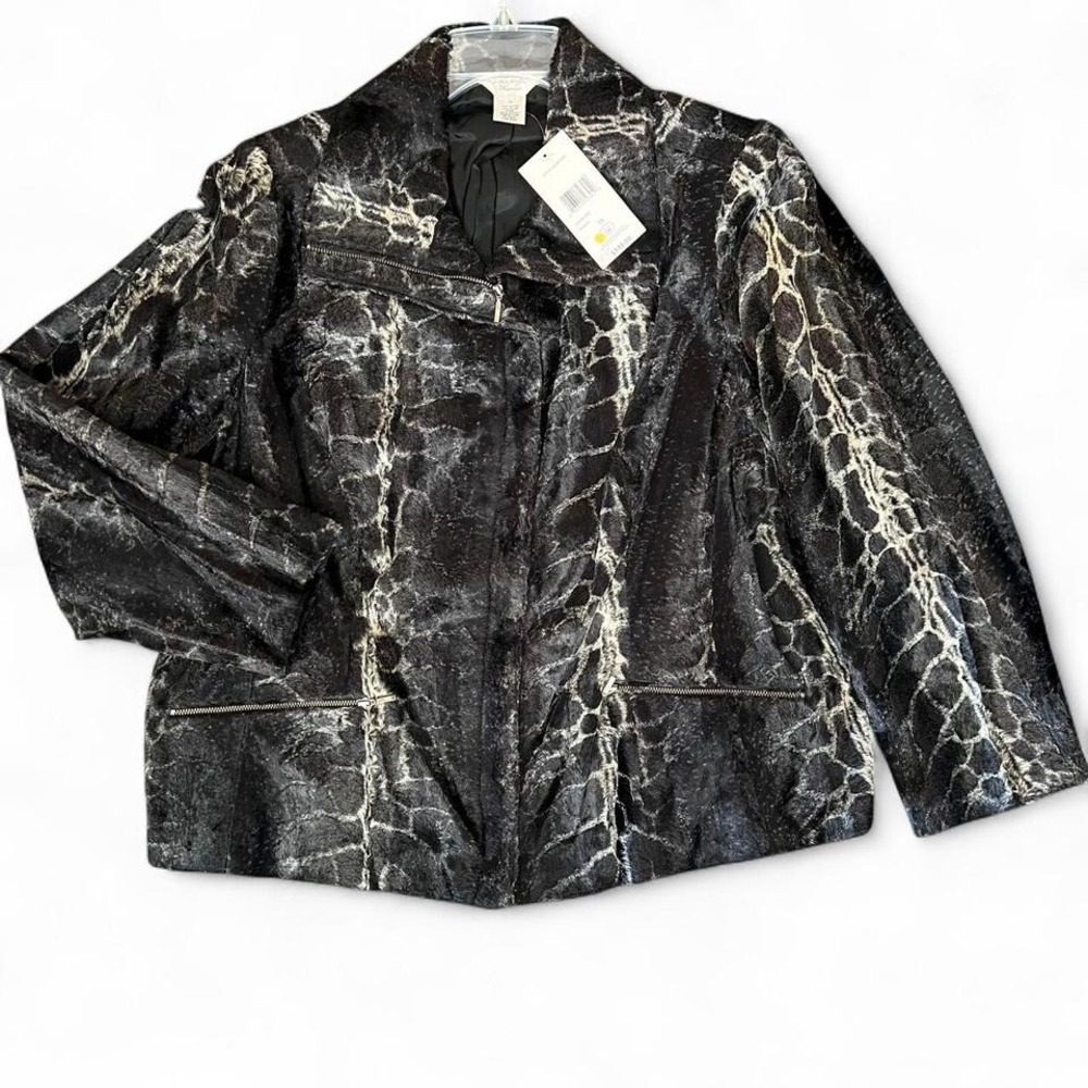 Laura Ashley faux fur animal print lined black‎ and white jacket women sz 1X NWT